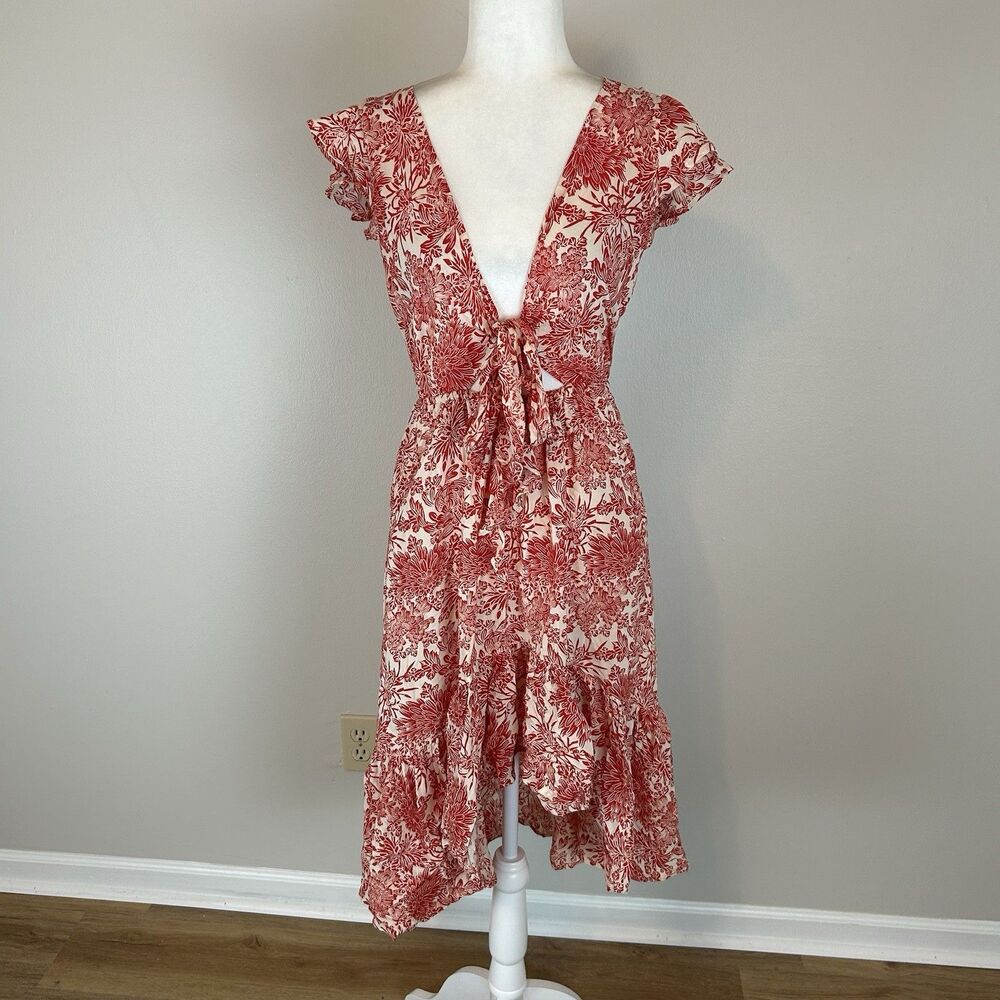 Sea Lustre Ruffled Asymmetric Dress Rayon XS Cut Out Tie Front Midi Floral Red